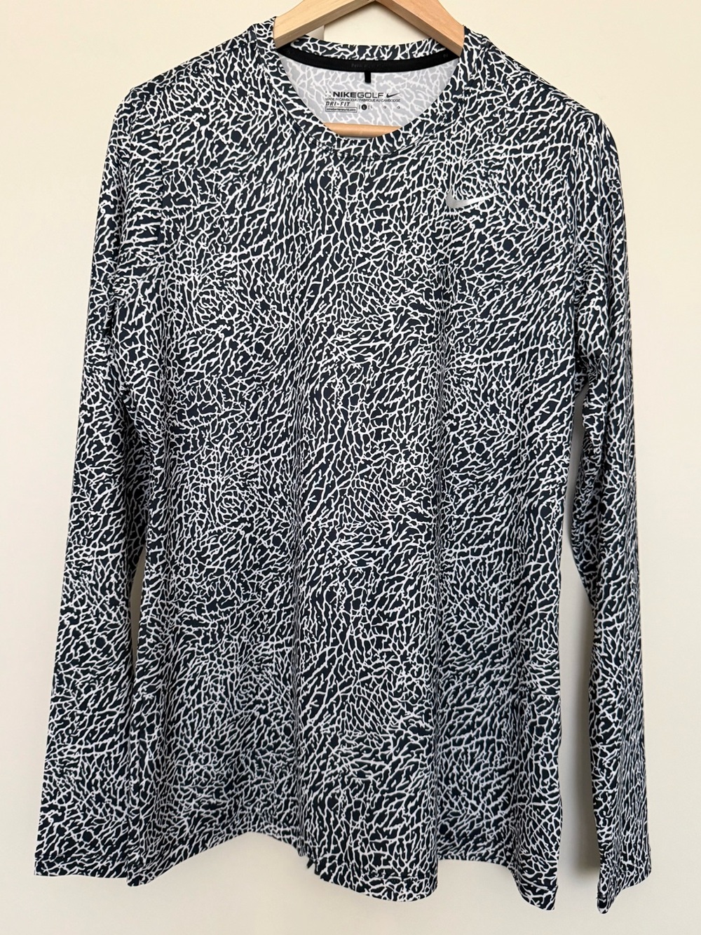 Nike Golf Dri-FIT Long Sleeve Black White Elephant Print Top L Running Hiking